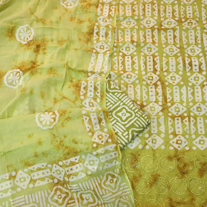 Meherba Tuscany Yellow Thread Embroidered Hem Batik Printed Cotton Suit Set
