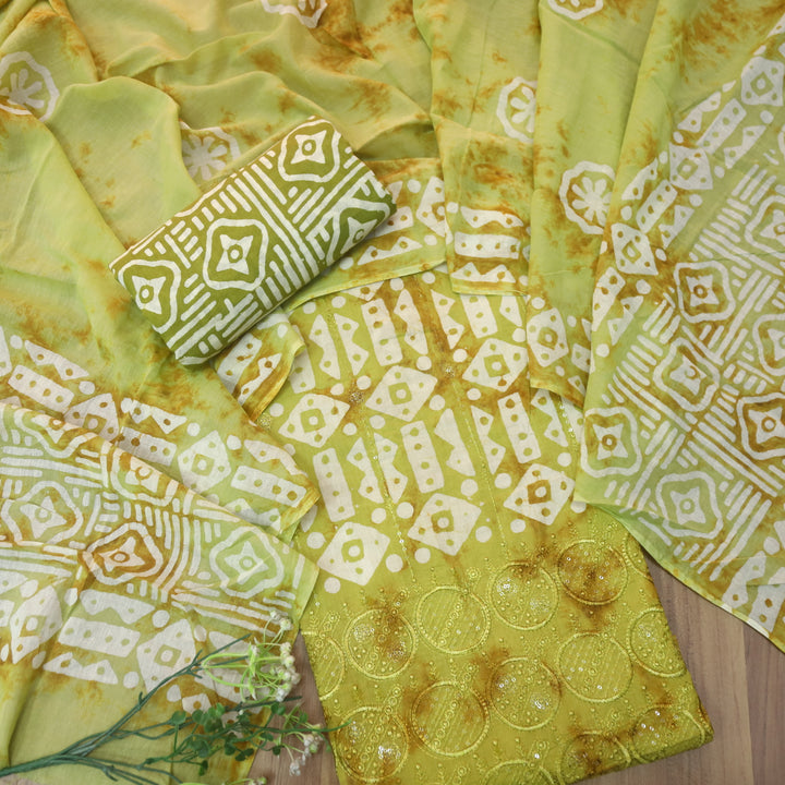 Meherba Tuscany Yellow Thread Embroidered Hem Batik Printed Cotton Suit Set