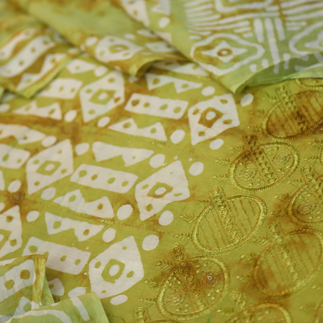 Meherba Tuscany Yellow Thread Embroidered Hem Batik Printed Cotton Suit Set