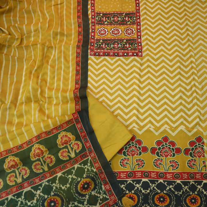Meherba Corn Yellow Kardana Detailing Printed Neckline Zig-Zag Print Cotton Set
