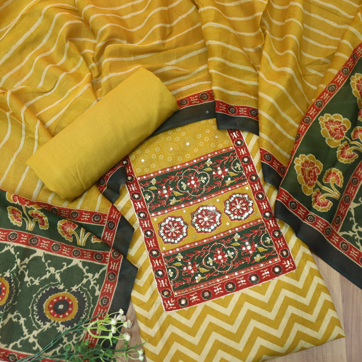 Meherba Corn Yellow Kardana Detailing Printed Neckline Zig-Zag Print Cotton Set