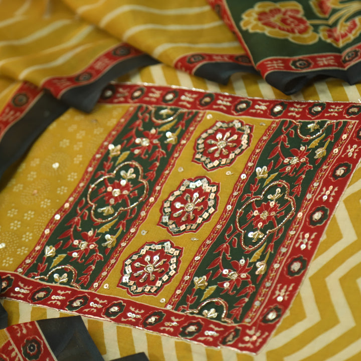Meherba Corn Yellow Kardana Detailing Printed Neckline Zig-Zag Print Cotton Set