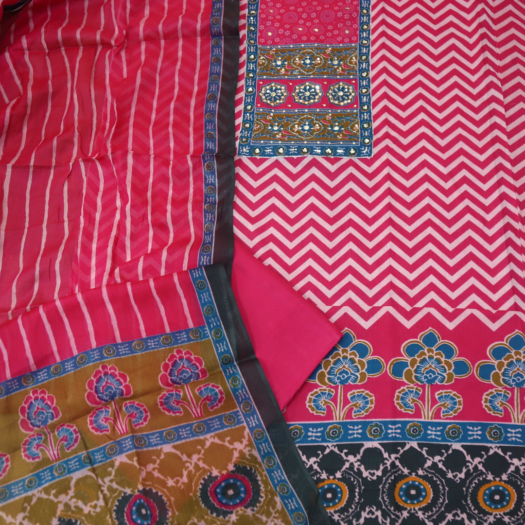 Meherba Rani Pink Kardana Detailing Printed Neckline Zig-Zag Print Cotton Set