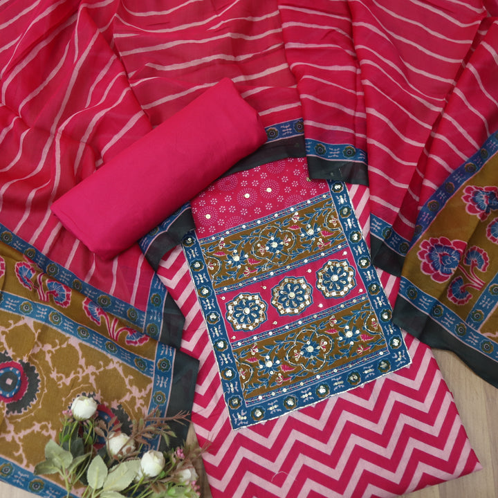 Meherba Rani Pink Kardana Detailing Printed Neckline Zig-Zag Print Cotton Set