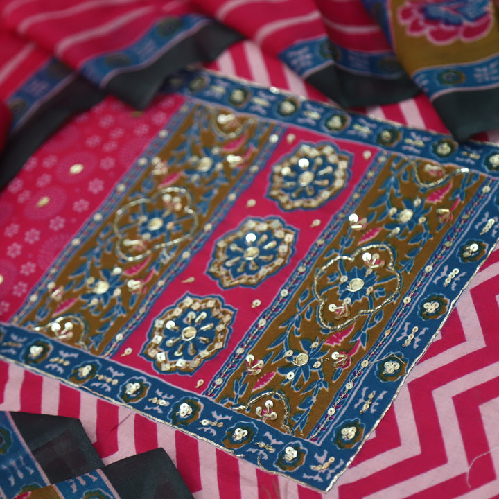 Meherba Rani Pink Kardana Detailing Printed Neckline Zig-Zag Print Cotton Set