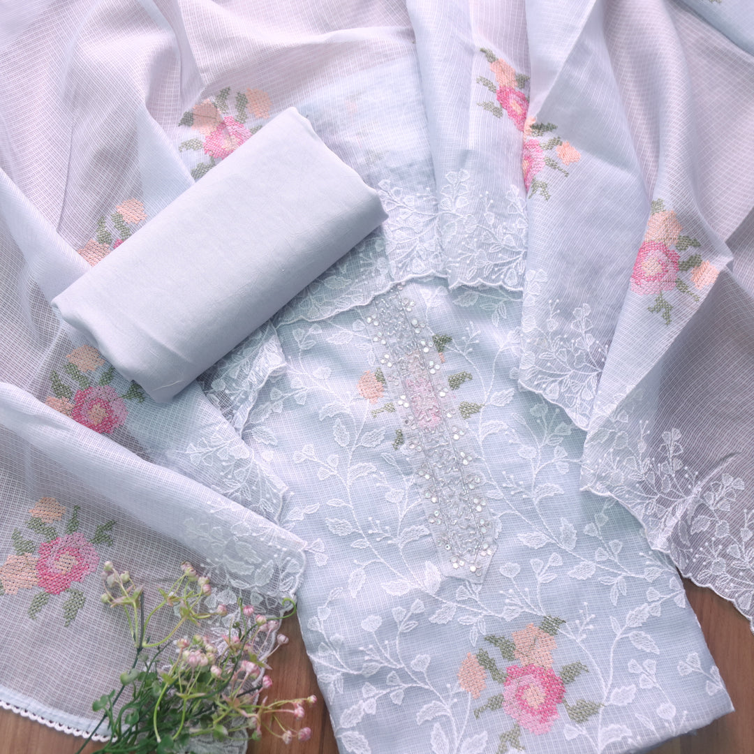 Kakashi Sky Gray All Over Thread Embroidered with Kardana Work Kota Doriya Set