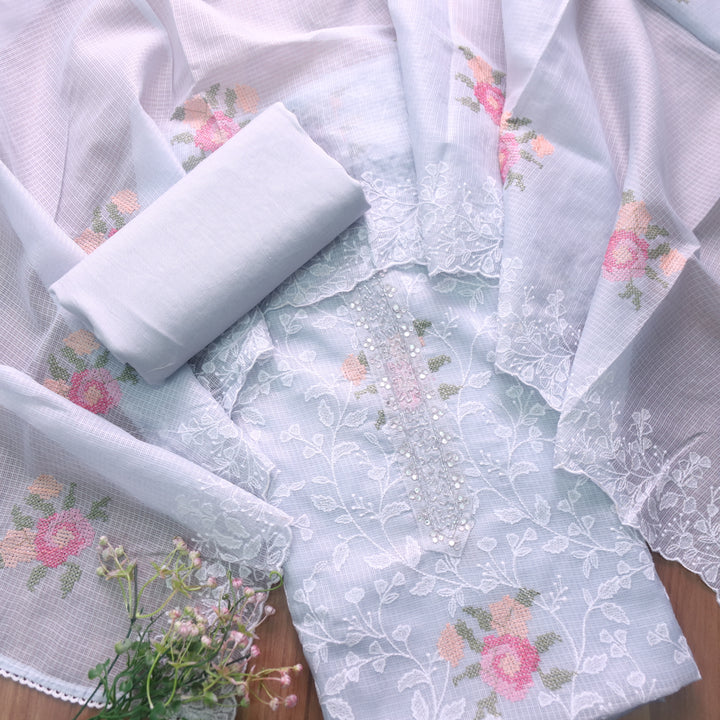 Kakashi Sky Gray All Over Thread Embroidered with Kardana Work Kota Doriya Set