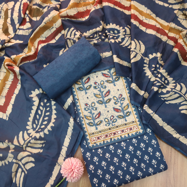 Albeli Navy Blue Kantha Work Patch Neck Work Printed Cotton Suit Set