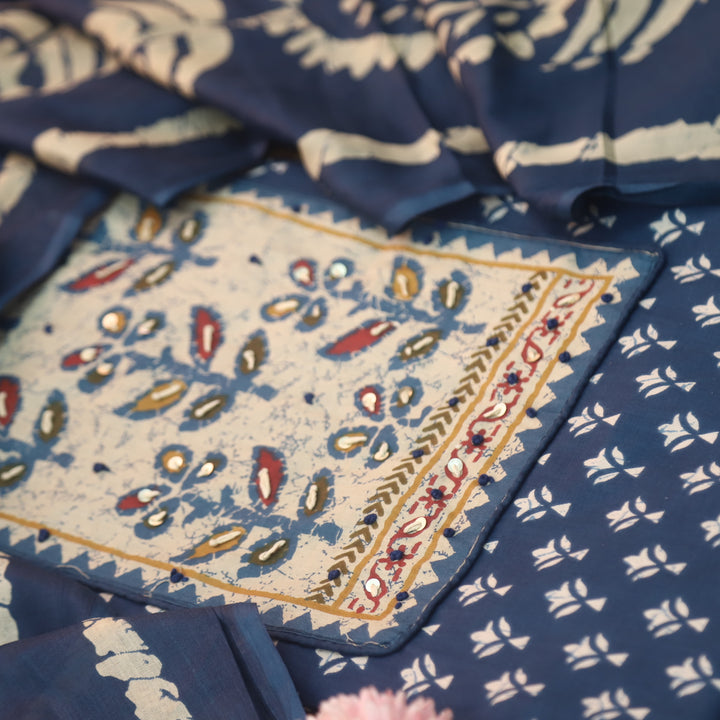 Albeli Navy Blue Kantha Work Patch Neck Work Printed Cotton Suit Set