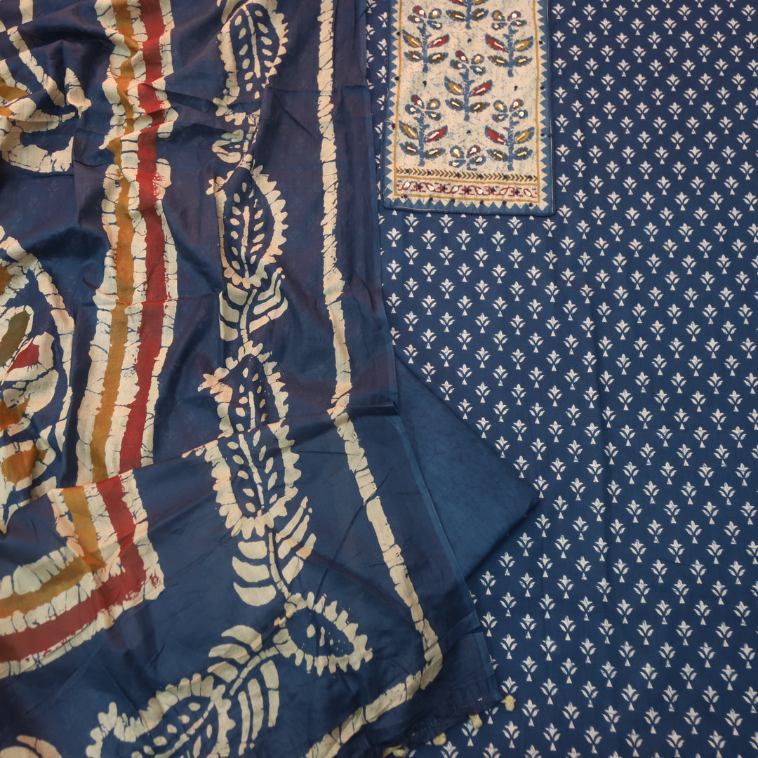 Albeli Navy Blue Kantha Work Patch Neck Work Printed Cotton Suit Set