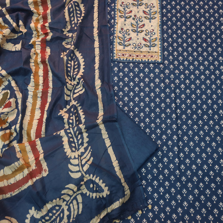 Albeli Navy Blue Kantha Work Patch Neck Work Printed Cotton Suit Set