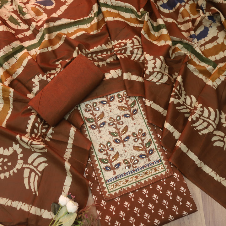 Albeli Rusty Orange Kantha Work Patch Neck Work Printed Cotton Suit Set