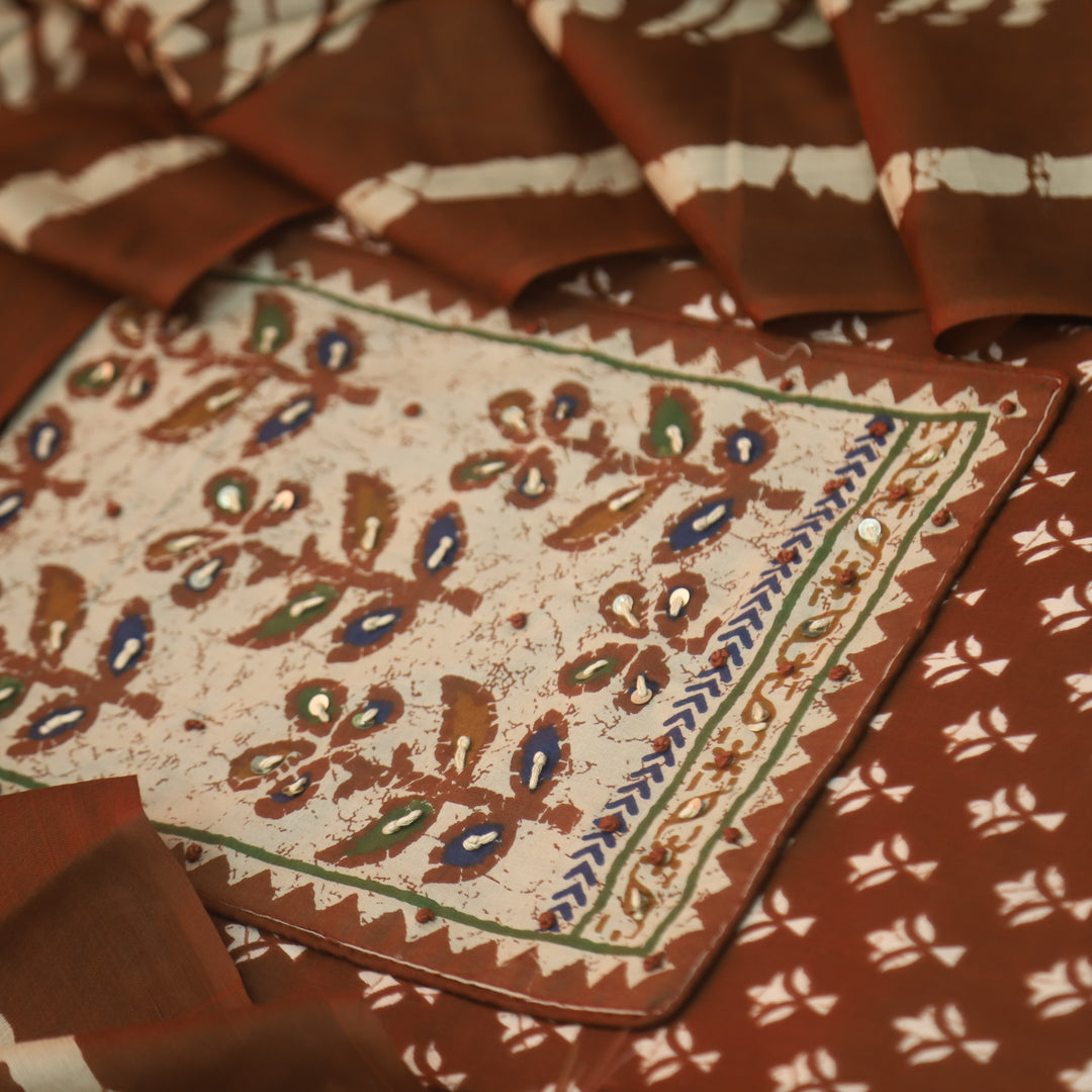 Albeli Rusty Orange Kantha Work Patch Neck Work Printed Cotton Suit Set