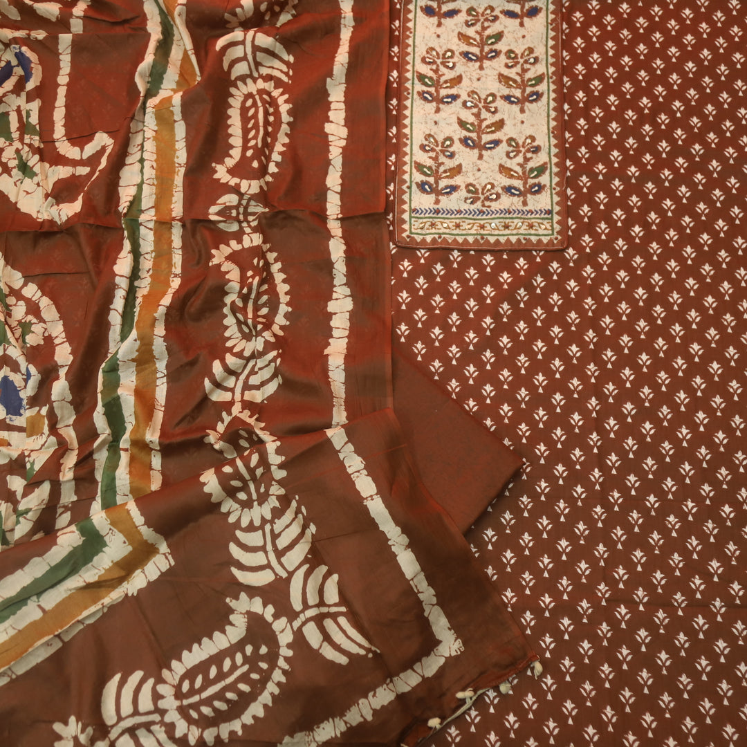 Albeli Rusty Orange Kantha Work Patch Neck Work Printed Cotton Suit Set