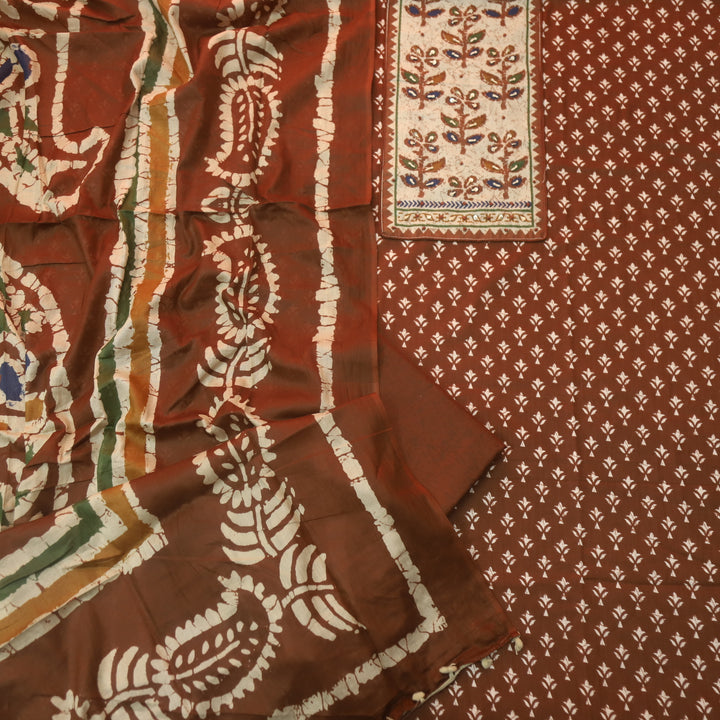 Albeli Rusty Orange Kantha Work Patch Neck Work Printed Cotton Suit Set
