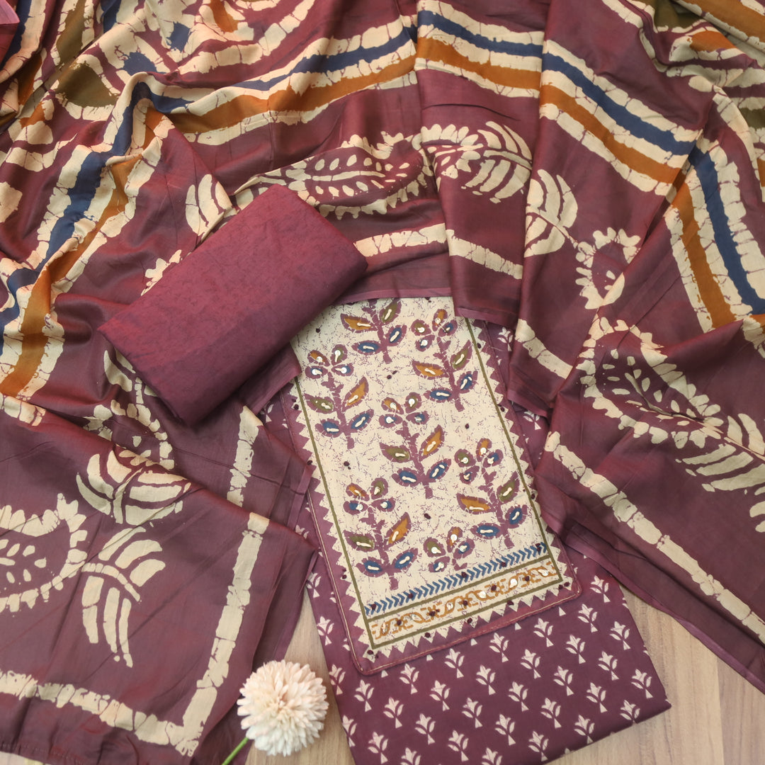 Albeli Plum Purple Kantha Work Patch Neck Work Printed Cotton Suit Set