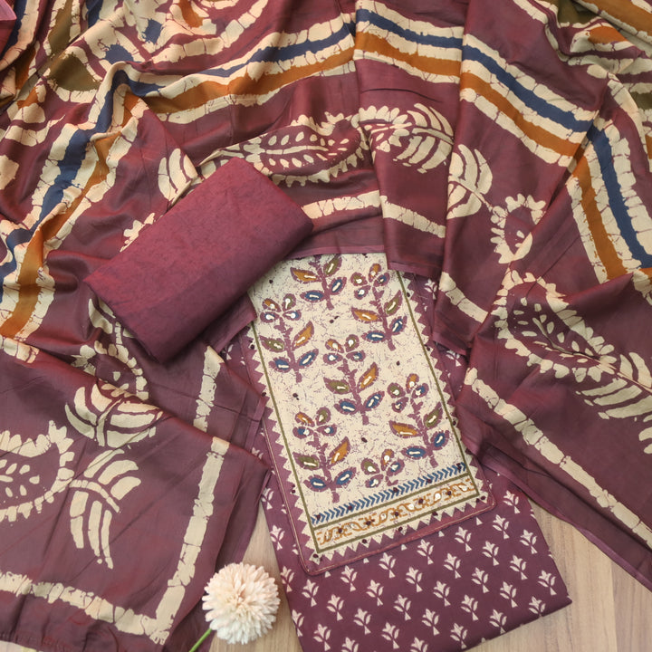 Albeli Plum Purple Kantha Work Patch Neck Work Printed Cotton Suit Set