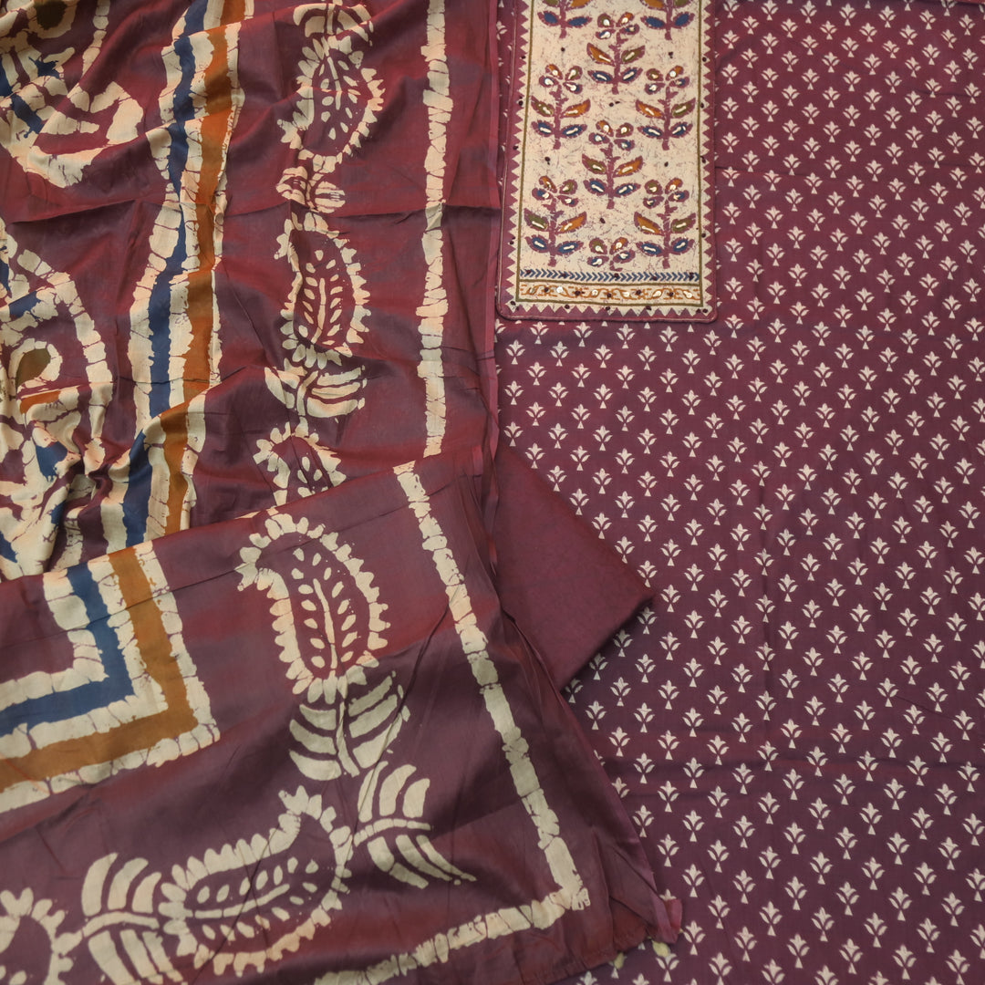 Albeli Plum Purple Kantha Work Patch Neck Work Printed Cotton Suit Set