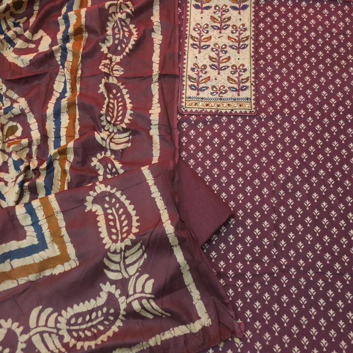 Albeli Plum Purple Kantha Work Patch Neck Work Printed Cotton Suit Set