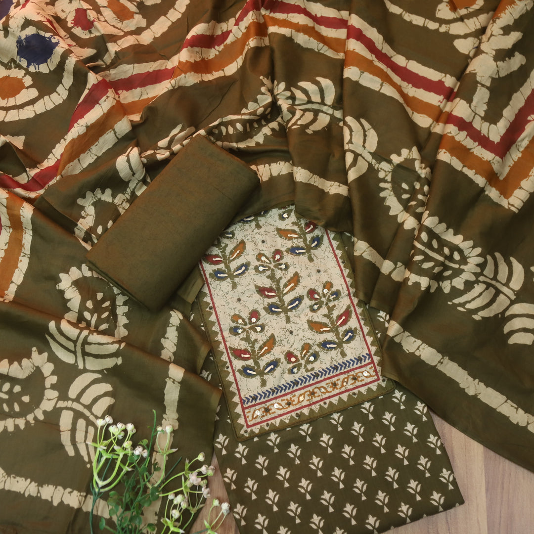 Albeli Olive Green Kantha Work Patch Neck Work Printed Cotton Suit Set