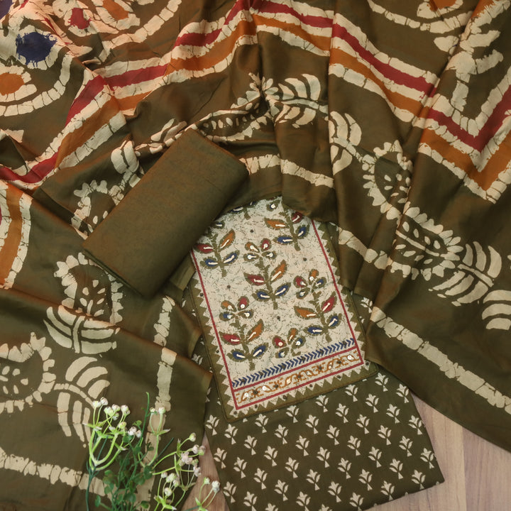 Albeli Olive Green Kantha Work Patch Neck Work Printed Cotton Suit Set