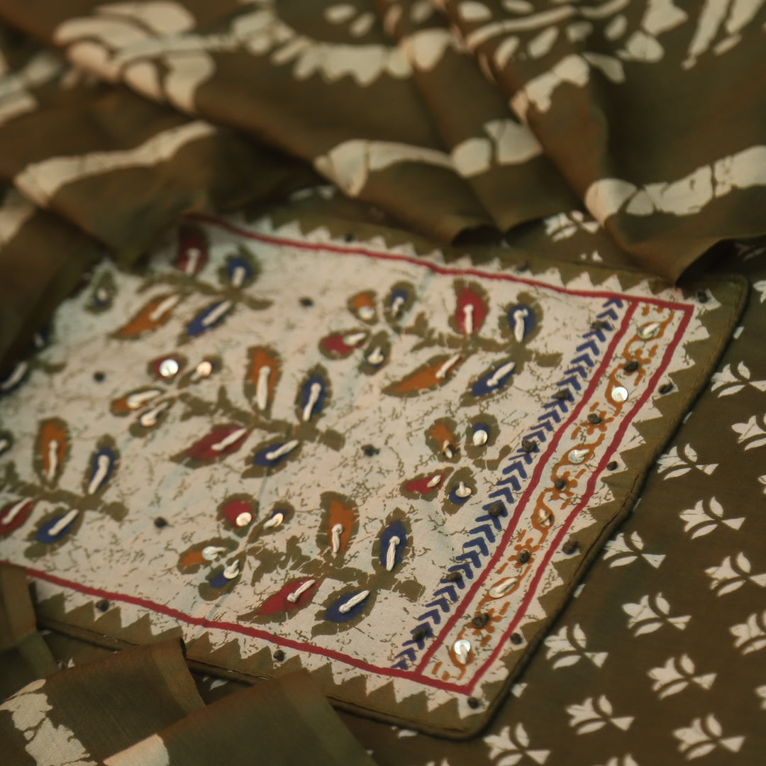 Albeli Olive Green Kantha Work Patch Neck Work Printed Cotton Suit Set