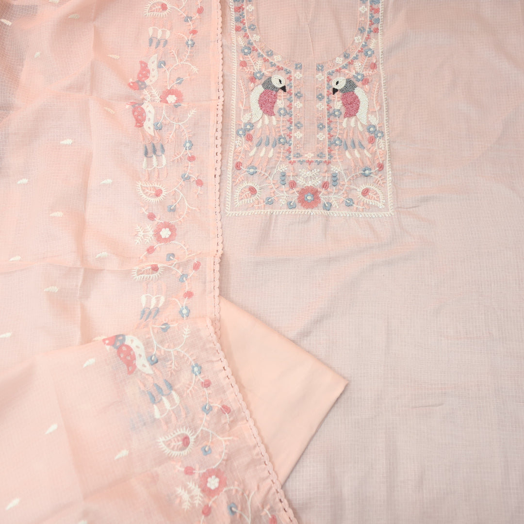 Pakhshi Pastel Peach Moti with Thread Embroidered Neck Kota Doriya Suit Set