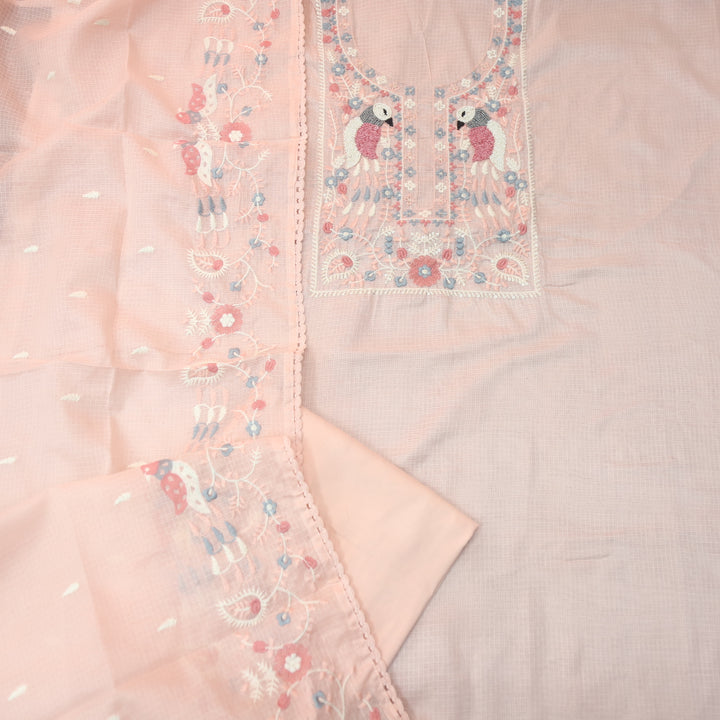 Pakhshi Pastel Peach Moti with Thread Embroidered Neck Kota Doriya Suit Set