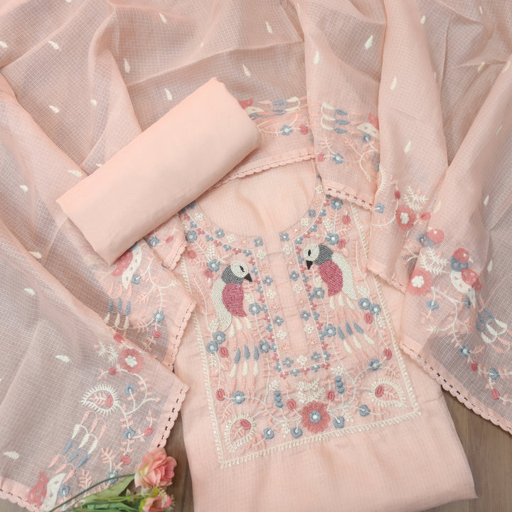 Pakhshi Pastel Peach Moti with Thread Embroidered Neck Kota Doriya Suit Set