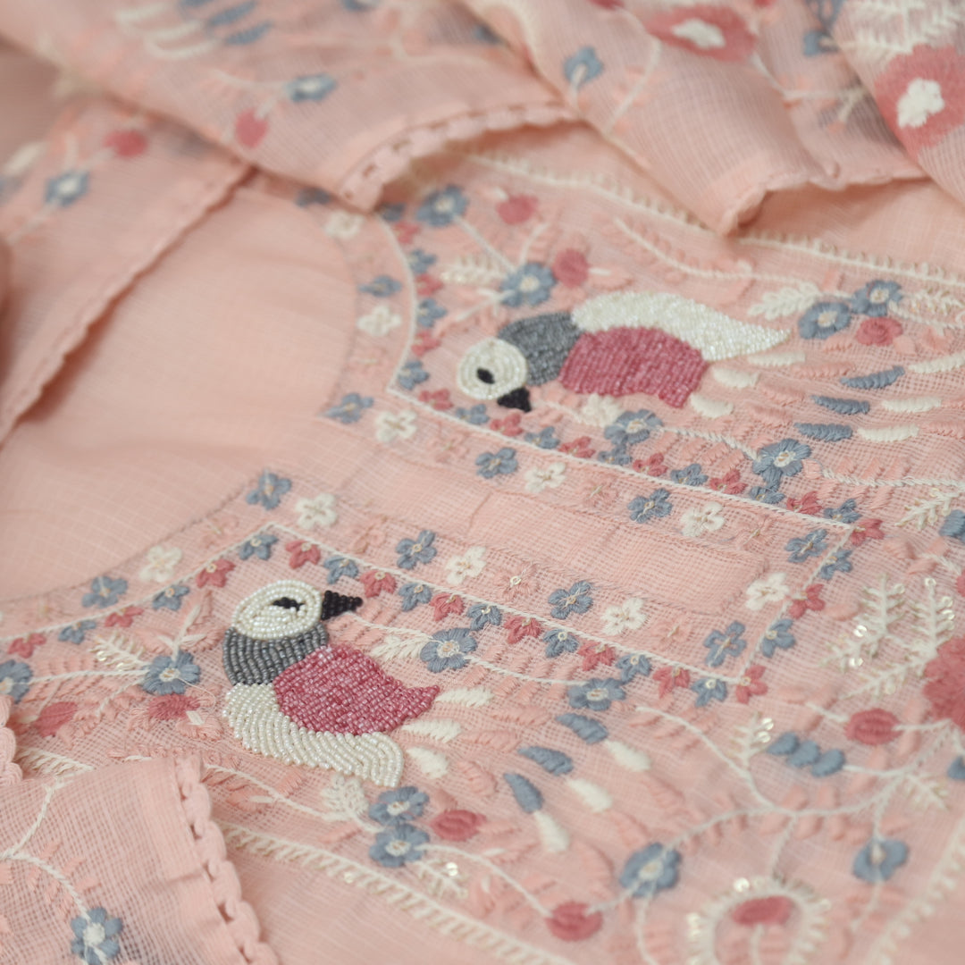 Pakhshi Pastel Peach Moti with Thread Embroidered Neck Kota Doriya Suit Set