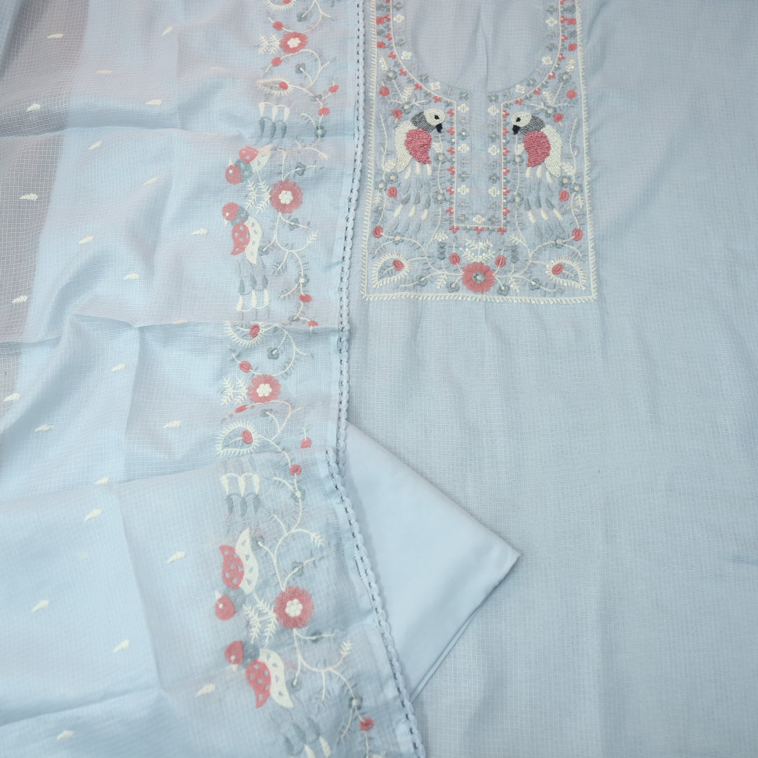 Pakhshi Powder Blue Moti with Thread Embroidered Neck Kota Doriya Suit Set