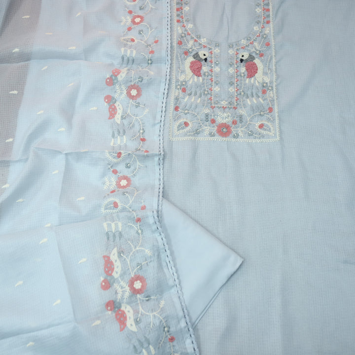 Pakhshi Powder Blue Moti with Thread Embroidered Neck Kota Doriya Suit Set