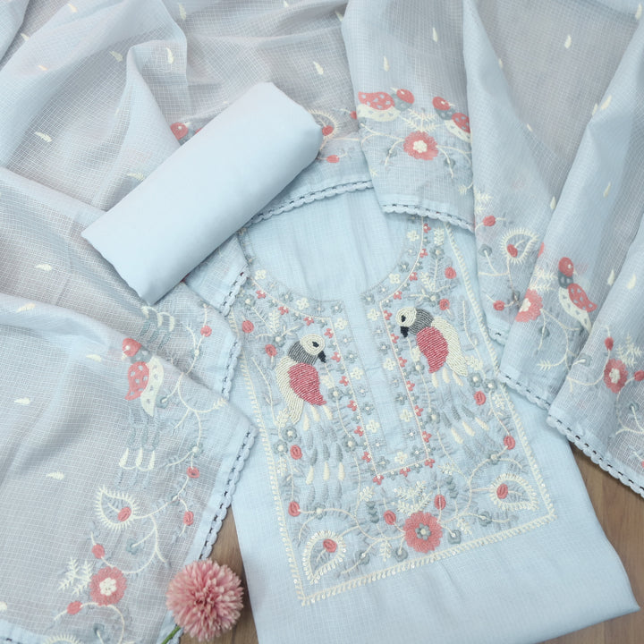 Pakhshi Powder Blue Moti with Thread Embroidered Neck Kota Doriya Suit Set