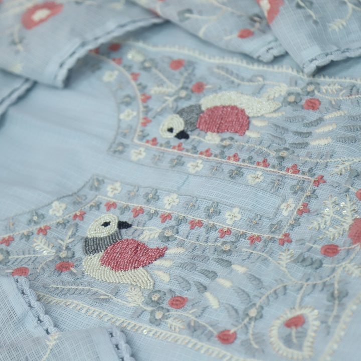 Pakhshi Powder Blue Moti with Thread Embroidered Neck Kota Doriya Suit Set