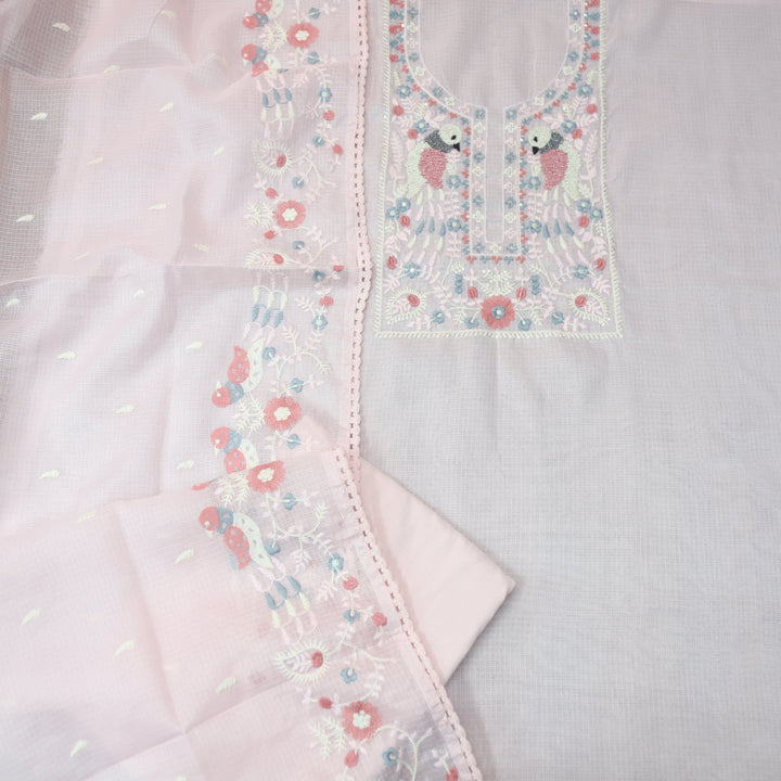 Pakhshi Baby Pink Moti with Thread Embroidered Neck Kota Doriya Suit Set
