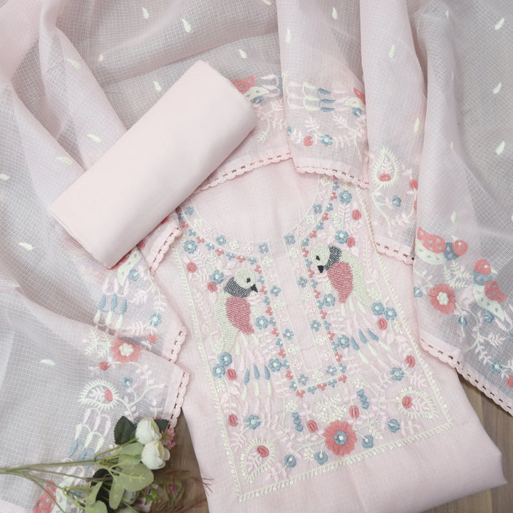 Pakhshi Baby Pink Moti with Thread Embroidered Neck Kota Doriya Suit Set
