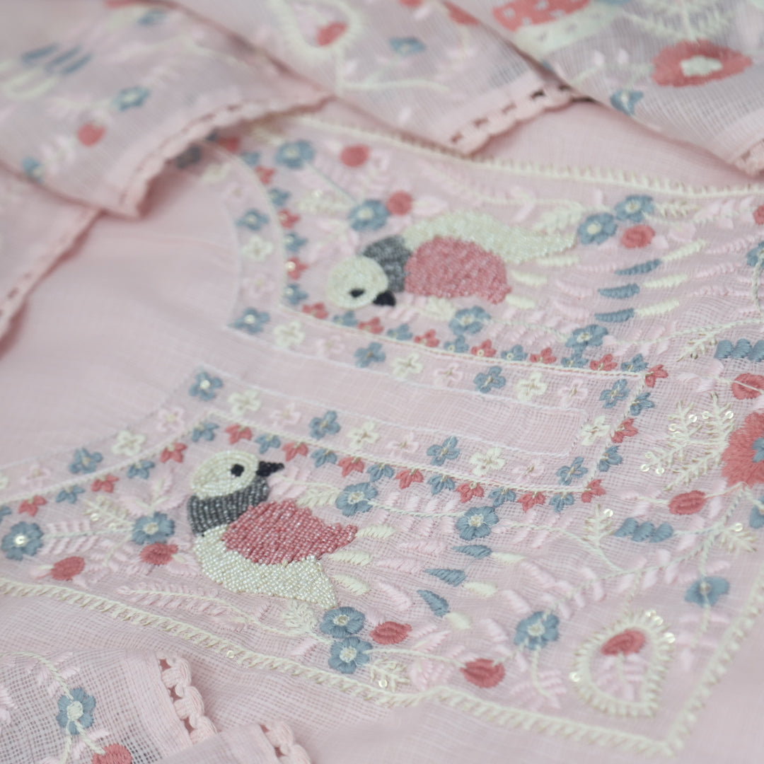 Pakhshi Baby Pink Moti with Thread Embroidered Neck Kota Doriya Suit Set
