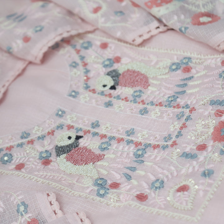 Pakhshi Baby Pink Moti with Thread Embroidered Neck Kota Doriya Suit Set