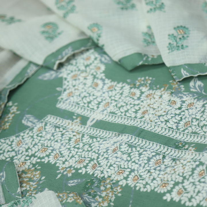 Dhaang Sage Green Chikankari Inspired Neck wth Foil Work Floral Print Cotton Set