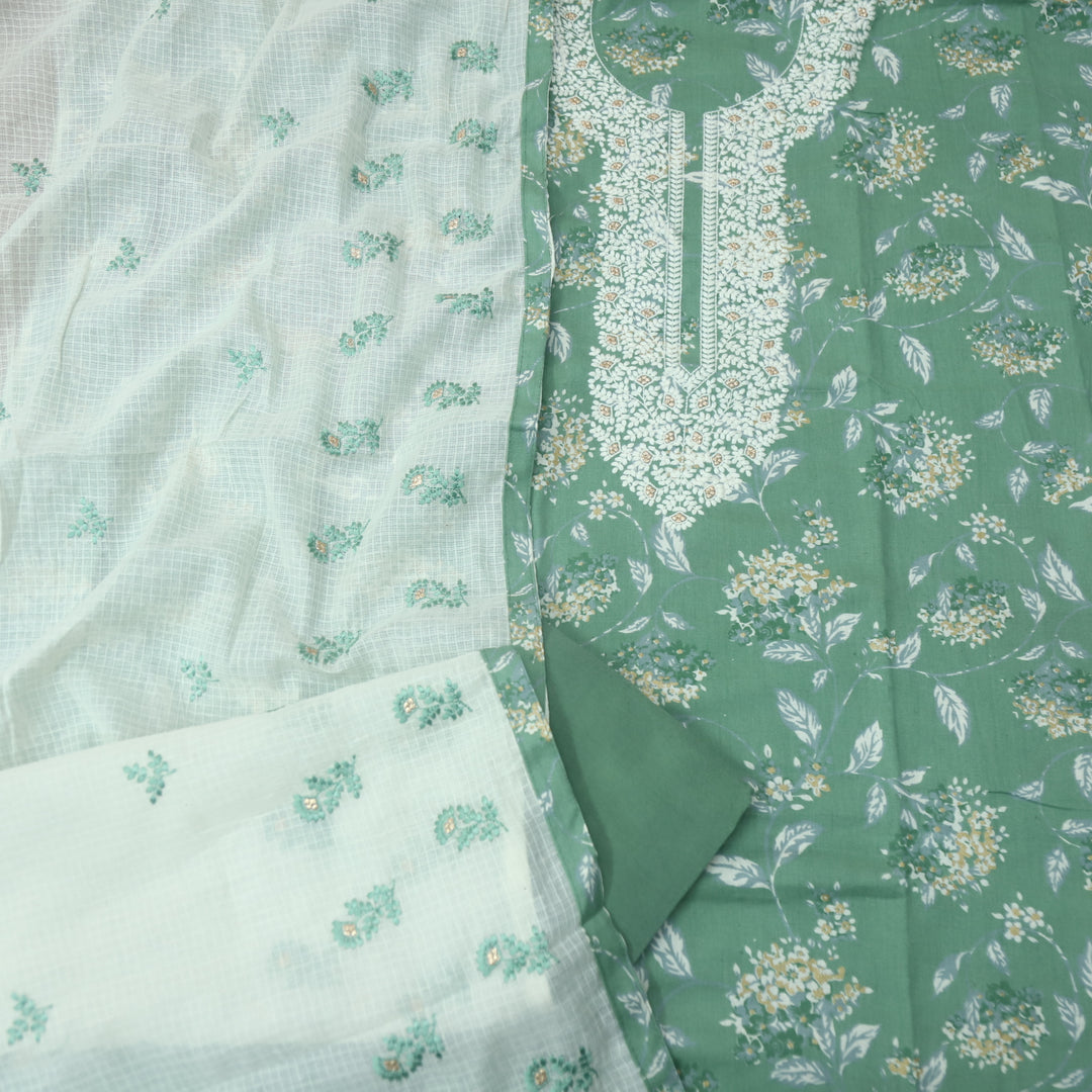 Dhaang Sage Green Chikankari Inspired Neck wth Foil Work Floral Print Cotton Set
