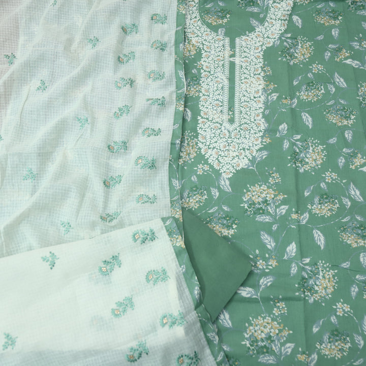 Dhaang Sage Green Chikankari Inspired Neck wth Foil Work Floral Print Cotton Set