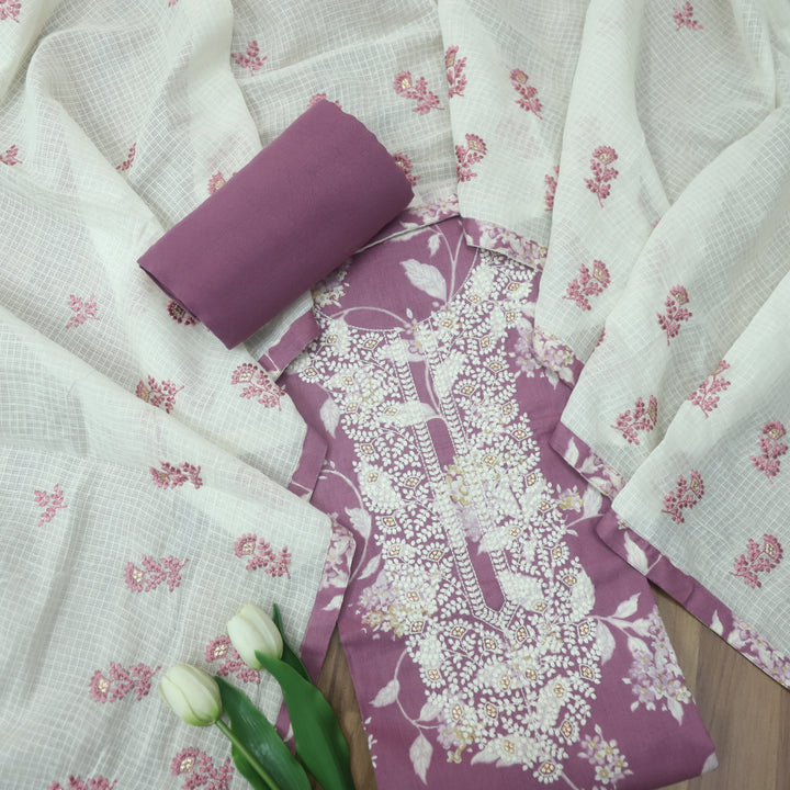 Dhaang Heather Purple Chikankari Inspired Neck wth Foil Work Floral Print Cotton Set