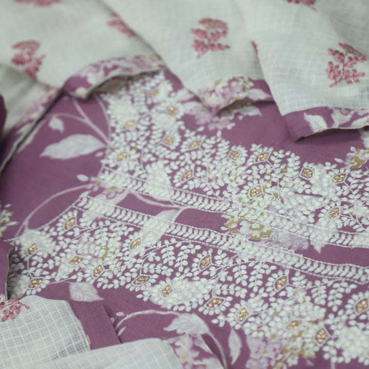 Dhaang Heather Purple Chikankari Inspired Neck wth Foil Work Floral Print Cotton Set