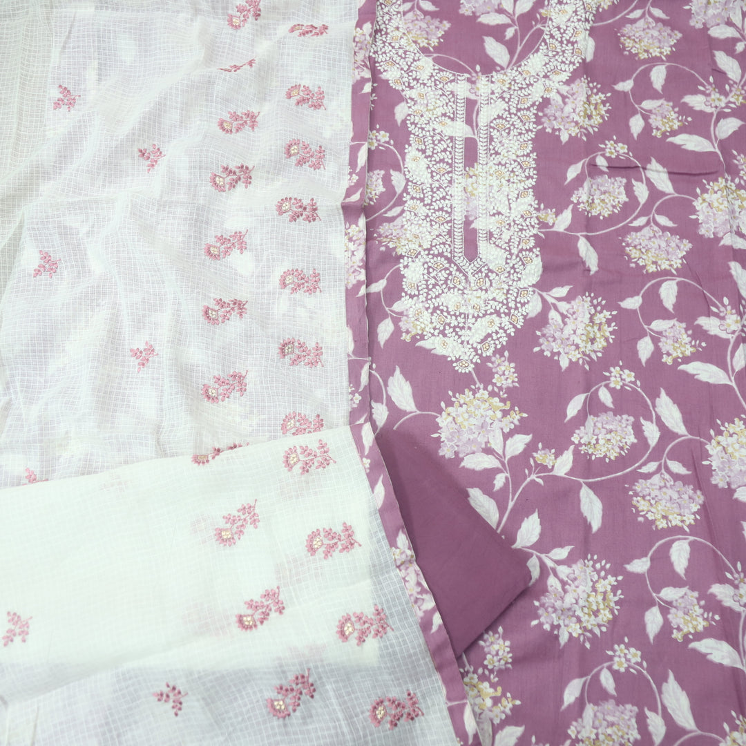 Dhaang Heather Purple Chikankari Inspired Neck wth Foil Work Floral Print Cotton Set