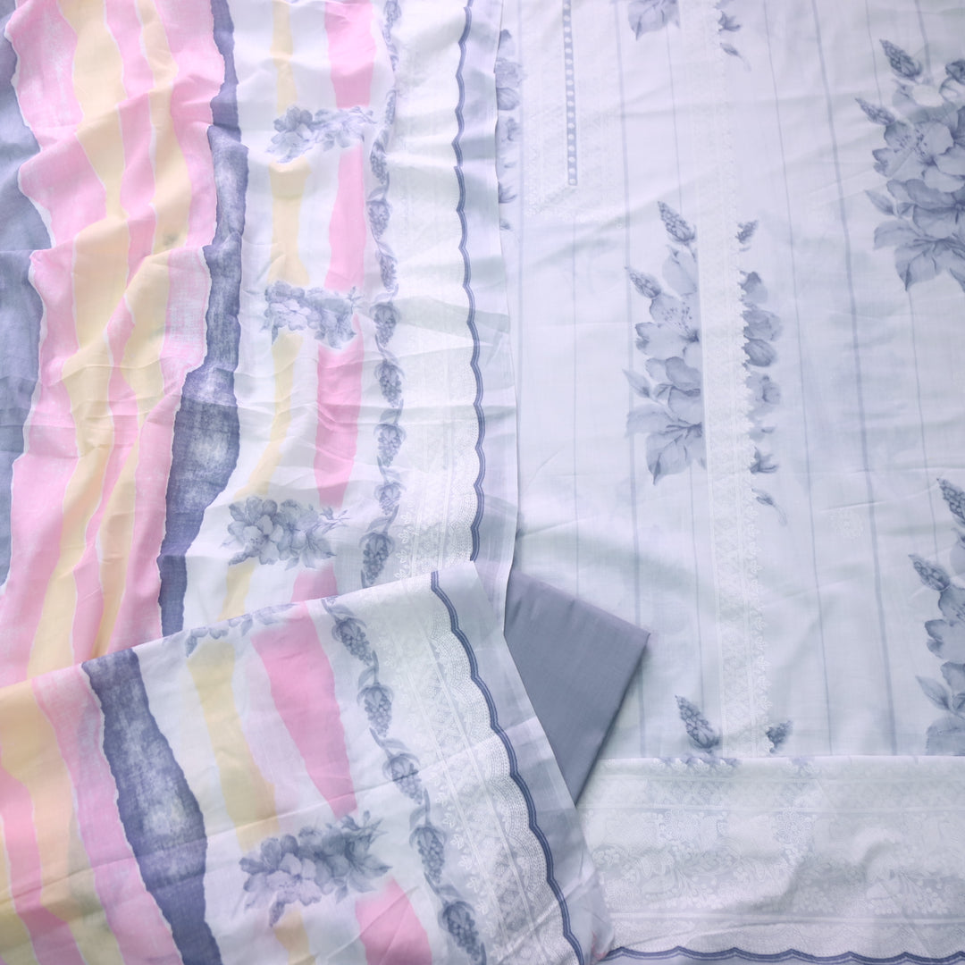 Madhubala Fossil Gray All Over Check Printed Work Cotton Suit Set