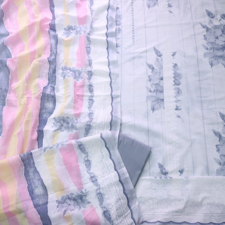 Madhubala Fossil Gray All Over Check Printed Work Cotton Suit Set