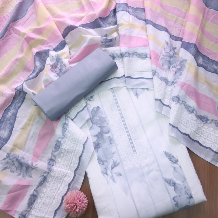 Madhubala Fossil Gray All Over Check Printed Work Cotton Suit Set
