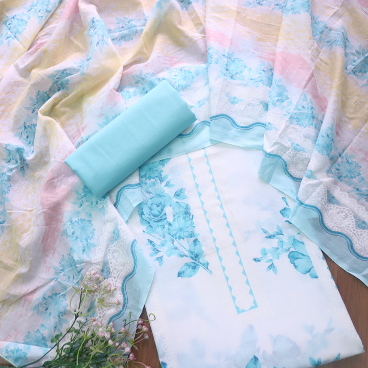 Madhubala Crystel Blue All Over Check Printed Work Cotton Suit Set