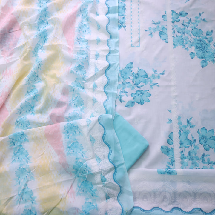Madhubala Crystel Blue All Over Check Printed Work Cotton Suit Set