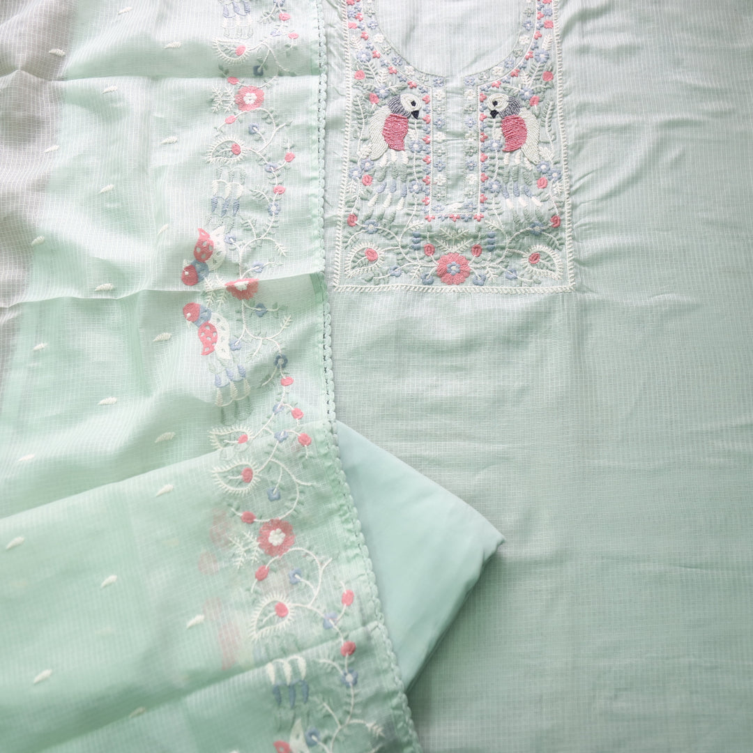 Pakhshi Mint Green Moti with Thread Embroidered Neck Kota Doriya Suit Set